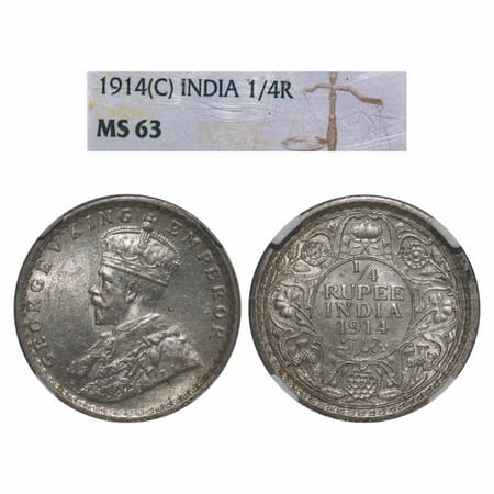 George V, Silver, 1/4 Rupee, 1914, Calcutta Mint, No dot, Elephant. F. Prid 443. GK 1085. 