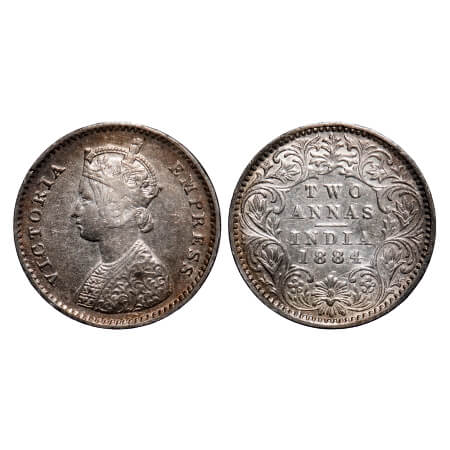 Victoria Empress, Silver, 2 Annas, 1884, Bombay Mint, A/I, No dot. F. Prid 531. GK 769. EX