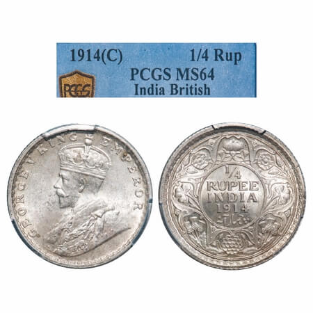 George V, Silver, 1/4 Rupee, 1914, Calcutta Mint, No dot, Elephant. F. Prid 443. GK 1085. 