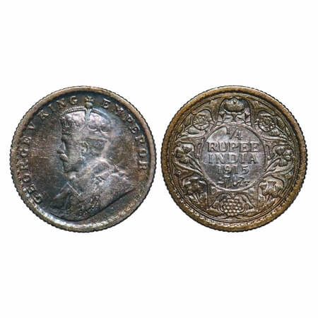 George V, Silver, 1/4 Rupee, 1915, Calcutta Mint, No dot, Elephant. F. Prid 444. GK 1087.