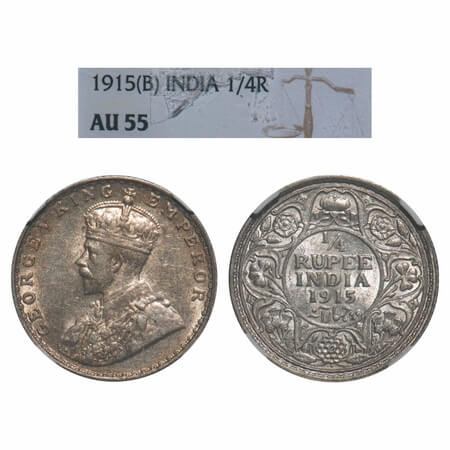 George V, Silver, 1/4 Rupee, 1915, Bombay Mint, Dot, Elephant. F. Prid 457. GK 1088. NGC S