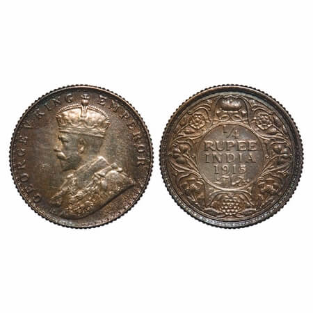 George V, Silver, 1/4 Rupee, 1915, Bombay Mint, Dot, Elephant. F. Prid 457. GK 1088. Extre