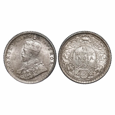 George V, Silver, 1/4 Rupee, 1917, Calcutta Mint, No dot, Elephant. F. Prid 446. GK 1090. 