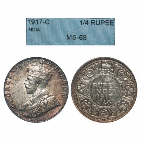 George V, Silver, 1/4 Rupee, 1917, Calcutta Mint, No dot, Elephant. F. Prid 446. GK 1090. 