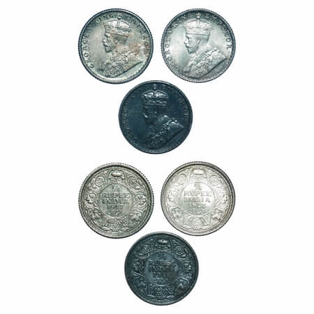 George V, Silver, 1/4 Rupee, (3 coins), 1) 1917, Calcutta Mint, No dot, Elephant, 2) 1928,