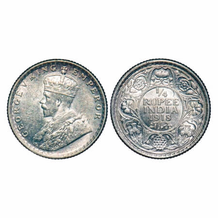 George V, Silver, 1/4 Rupee, 1918, Calcutta Mint, No dot, Elephant, Ghost on Rev. F. Prid 