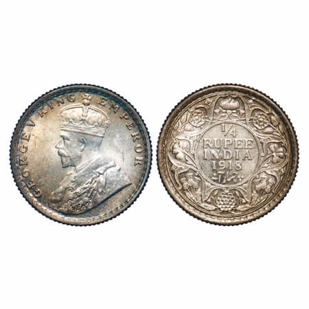 George V, Silver, 1/4 Rupee, 1918, Calcutta Mint, No dot, Elephant, Ghost on Rev. F. Prid 