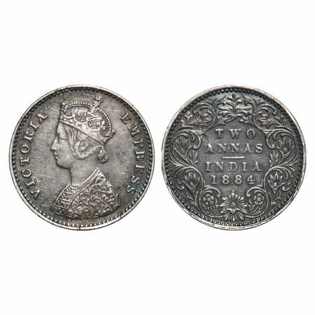 Victoria Empress, Silver, 2 Annas, 1884, Bombay Mint, A/I, Dot. F. Prid 532. GK 770. Extre