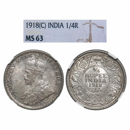 George V, Silver, 1/4 Rupee, 1918, Calcutta Mint, No dot, Elephant. F. Prid 447. GK 1091. 