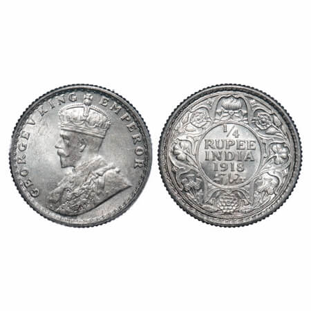 George V, Silver, 1/4 Rupee, 1918, Calcutta Mint, No dot, Elephant. F. Prid 447. GK 1091. 