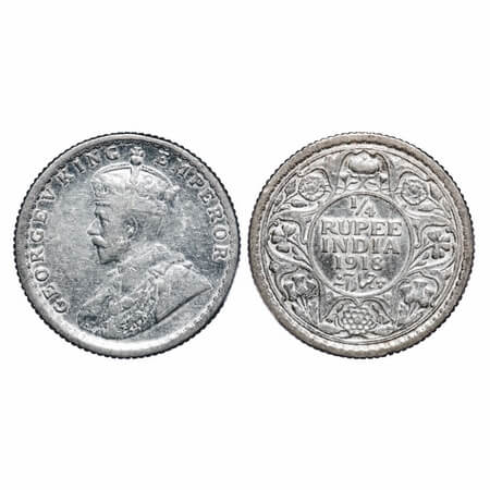George V, Silver, 1/4 Rupee, 1918, Calcutta Mint, No dot, Elephant. F. Prid 447. GK 1091.