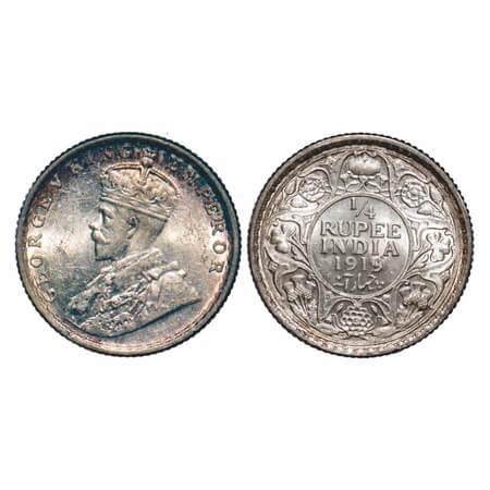 George V, Silver, 1/4 Rupee, 1919, Calcutta Mint, No dot, Elephant. F. Prid 448. GK 1092. 