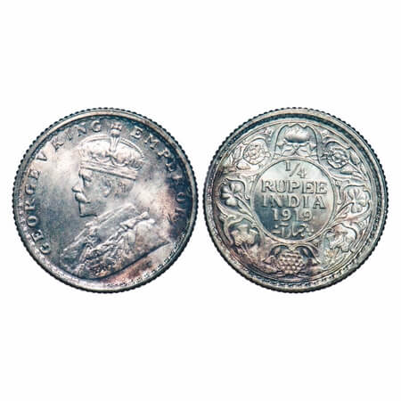 George V, Silver, 1/4 Rupee, 1919, Calcutta Mint, No dot, Elephant, Ghost on Rev. F. Prid 