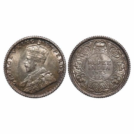 George V, Silver, 1/4 Rupee, 1925, Bombay Mint, Dot, Elephant. F. Prid 458. GK 1093. Uncir