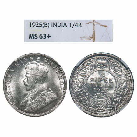 George V, Silver, 1/4 Rupee, 1925, Bombay Mint, Dot, Elephant. F. Prid 458. GK 1093. NGC S