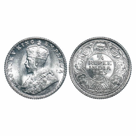 George V, Silver, 1/4 Rupee, 1925, Bombay Mint, Dot, Elephant. F. Prid 458. GK 1093. Uncir
