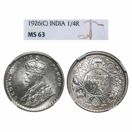 George V, Silver, 1/4 Rupee, 1926, Calcutta Mint, No dot, Elephant. F. Prid 449. GK 1094. 