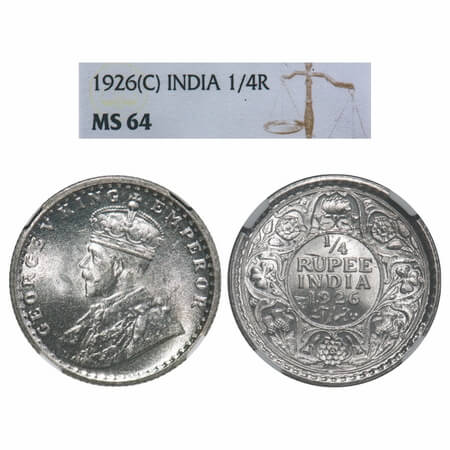 George V, Silver, 1/4 Rupee, 1926, Calcutta Mint, No dot, Elephant. F. Prid 449. GK 1094. 