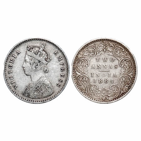 Victoria Empress, Silver, 2 Annas, 1884, Bombay Mint, A/I, 'B' raised. F. Prid 533. GK 771