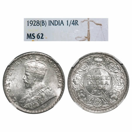 George V, Silver, 1/4 Rupee, 1928, Bombay Mint, Dot, Elephant. F. Prid 459. GK 1095. NGC S