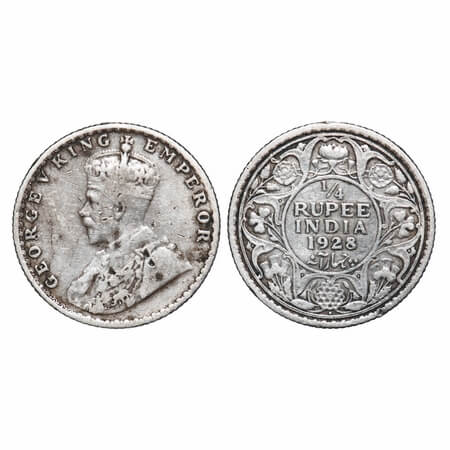 George V, Silver, 1/4 Rupee, 1928, Bombay Mint, Dot, Elephant. F. Prid 459. GK 1095. Very 
