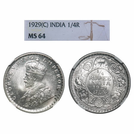 George V, Silver, 1/4 Rupee, 1929, Calcutta Mint, No dot, Elephant. F. Prid 450. GK 1096. 