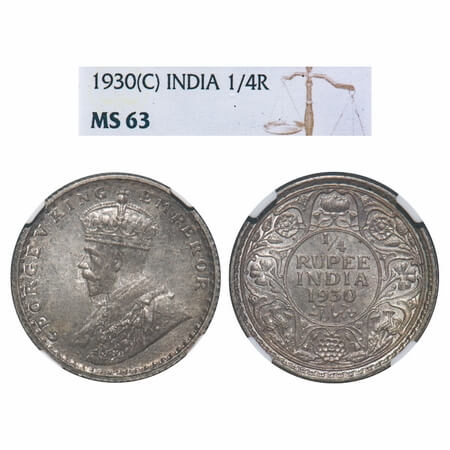 George V, Silver, 1/4 Rupee, 1930, Calcutta Mint, No dot, Elephant. F. Prid 451. GK 1097. 