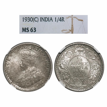 George V, Silver, 1/4 Rupee, 1930, Calcutta Mint, No dot, Elephant. F. Prid 451. GK 1097. 