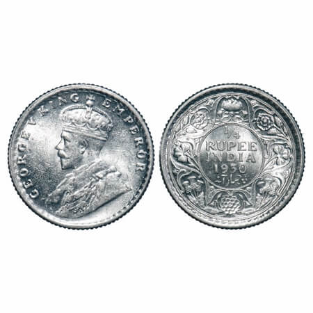 George V, Silver, 1/4 Rupee, 1930, Calcutta Mint, No dot, Elephant. F. Prid 451. GK 1097. 