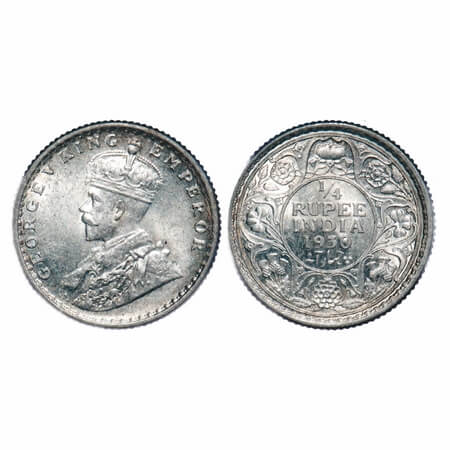 George V, Silver, 1/4 Rupee, 1930, Calcutta Mint, No dot, Elephant. F. Prid 451. GK 1097. 