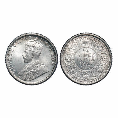 George V, Silver, 1/4 Rupee, 1936, Calcutta Mint, No dot, Elephant. F. Prid 453. GK 1099. 
