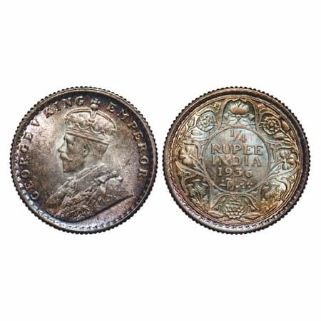 George V, Silver, 1/4 Rupee, 1936, Calcutta Mint, No dot, Elephant. F. Prid 453. GK 1099. 