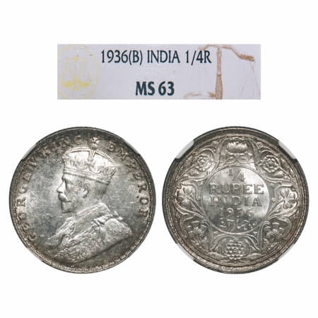 George V, Silver, 1/4 Rupee, 1936, Bombay Mint, Dot, Elephant. F. Prid 460. GK 1100. NGC S