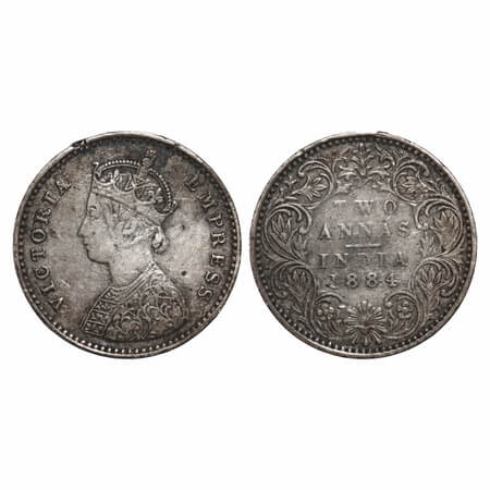 Victoria Empress, Silver, 2 Annas, 1884, Bombay Mint, A/I, 'B' raised. F. Prid 533. GK 771