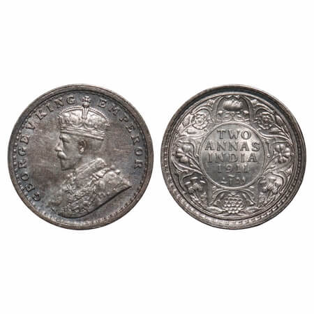 George V, Silver, 2 Annas, 1911, Calcutta Mint, No dot, Pig-type. F. Prid 564. GK 1107. Al