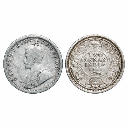 George V, Silver, 2 Annas, 1911, Calcutta Mint, No dot, Pig-type. F. Prid 564. GK 1107. Ve