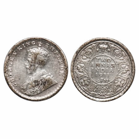 George V, Silver, 2 Annas, 1911, Calcutta Mint, No dot, Pig-type. F. Prid 564. GK 1107. Ve