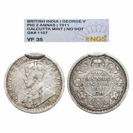 George V, Silver, 2 Annas, 1911, Calcutta Mint, No dot, Pig-type. F. Prid. GK 1107. NGS Sl