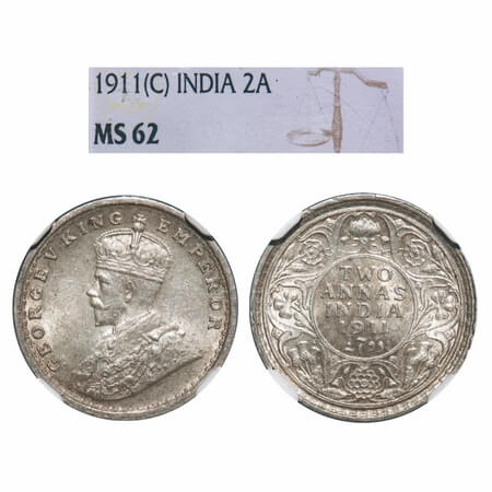 George V, Silver, 2 Annas, 1911, Calcutta Mint, No dot, Pig-type. F. Prid 564. GK 1107. NG