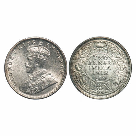 George V, Silver, 2 Annas, 1912, Calcautta Mint, No dot, Re-drawn Elephant. F. Prid 565. G