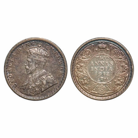 George V, Silver, 2 Annas, 1912, Bombay Mint, Dot, Re-drawn Elephant. F. Prid 571. GK 1109