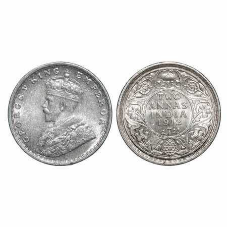 George V, Silver, 2 Annas, 1912, Bombay Mint, Dot, Re-drawn Elephant. F. Prid 571. GK 1109