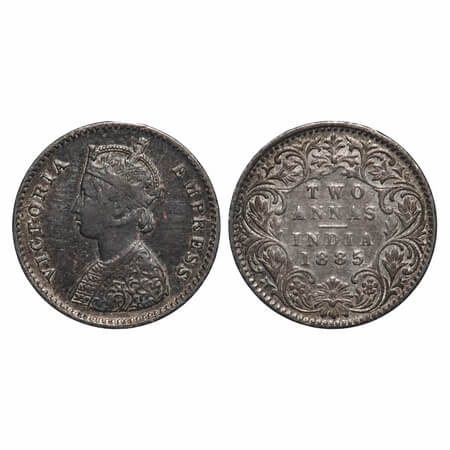 Victoria Empress, Silver, 2 Annas, 1885, Bombay Mint, A/I, 'B' raised. F. Prid 537. GK 777