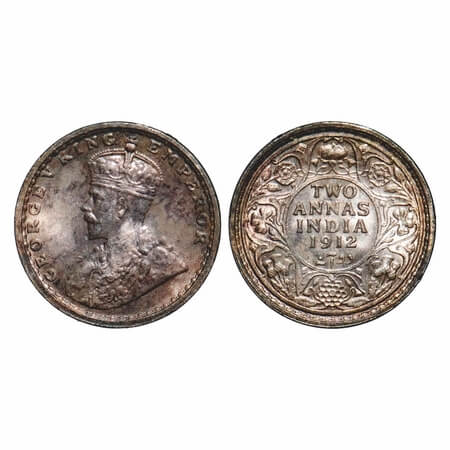 George V, Silver, 2 Annas, 1912, Bombay Mint, Dot, Re-drawn Elephant. F. Prid 571. GK 1109
