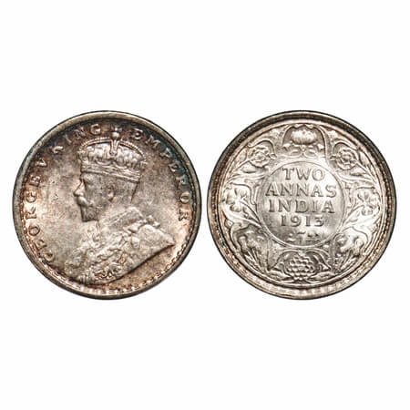 George V, Silver, 2 Annas, 1913, Bombay Mint, Dot, Elephant. F. Prid 572. GK 1111. Uncircu