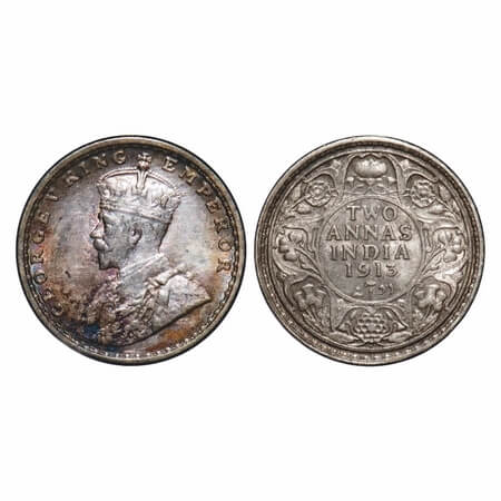George V, Silver, 2 Annas, 1913, Bombay Mint, Dot, Elephant. F. Prid 572. GK 1111. Almost 