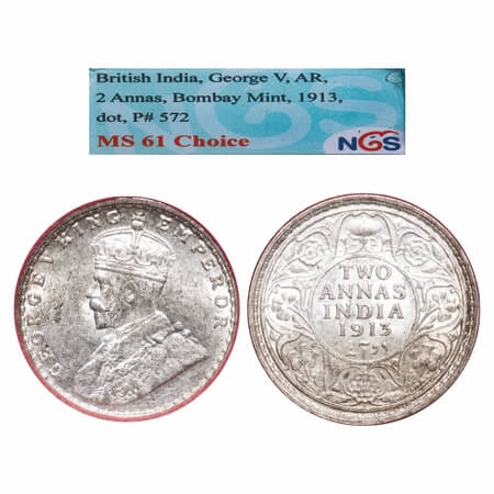 George V, Silver, 2 Annas, 1913, Bombay Mint, Dot, Elephant. F. Prid 572. GK 1111. NGS Sla
