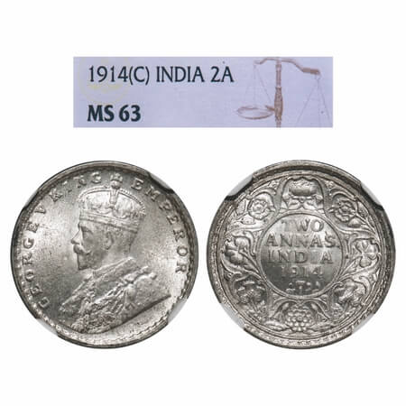George V, Silver, 2 Annas, 1914, Calcutta Mint, No dot, Elephant. F. Prid 567. GK 1112. NG