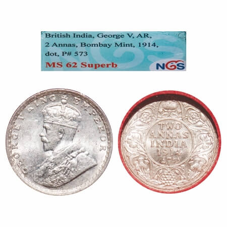 George V, Silver, 2 Annas, 1914, Bombay Mint, Dot, Elephant. F. Prid 573. GK 1113. NGS Sla