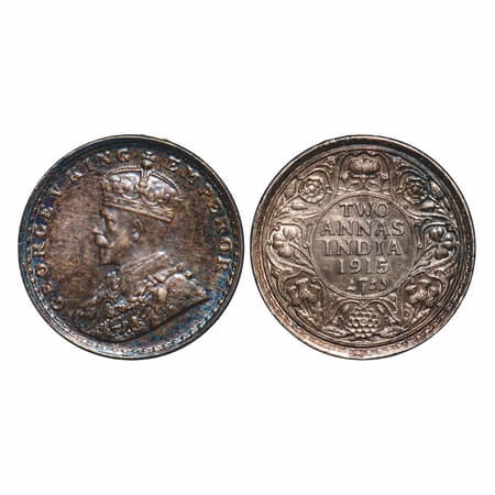 George V, Silver, 2 Annas, 1915, Bombay Mint, Dot, Elephant. F. Prid 574. GK 1115. Uncircu